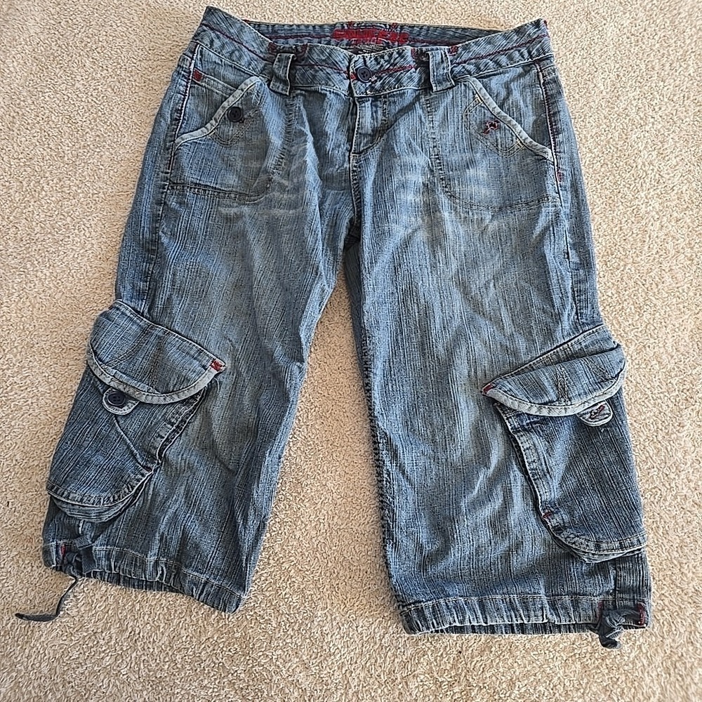 Vintage Squeeze Jeans Cargo Capri Denim Tie Cuffs Y2K 90s Retro Juniors Sz 9/10
